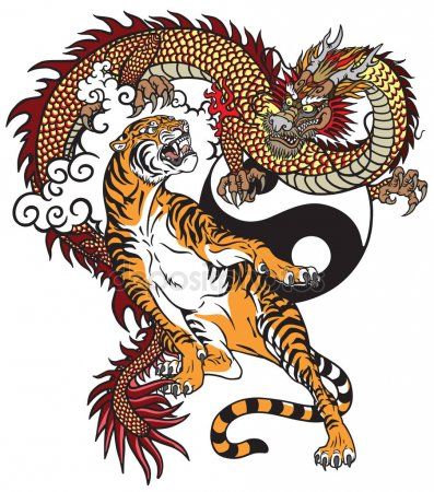 Chinese Dragon Tiger Tattoo Vector Illustration Included Yin Yang Symbol